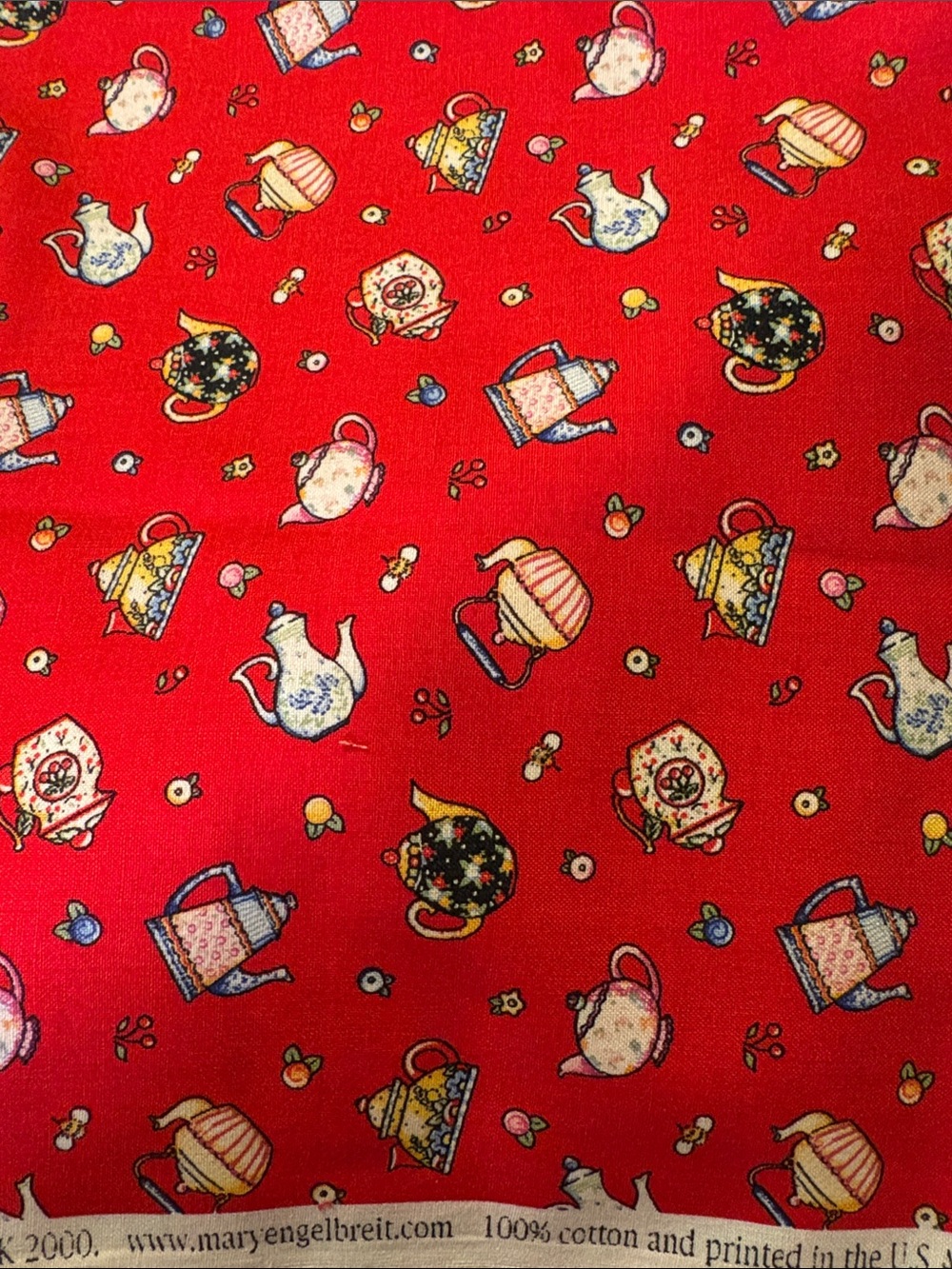 Vintage Mary Engelbreit Cup of Kindness Red Teapot Quilt Fabric - OOP 1 Yd